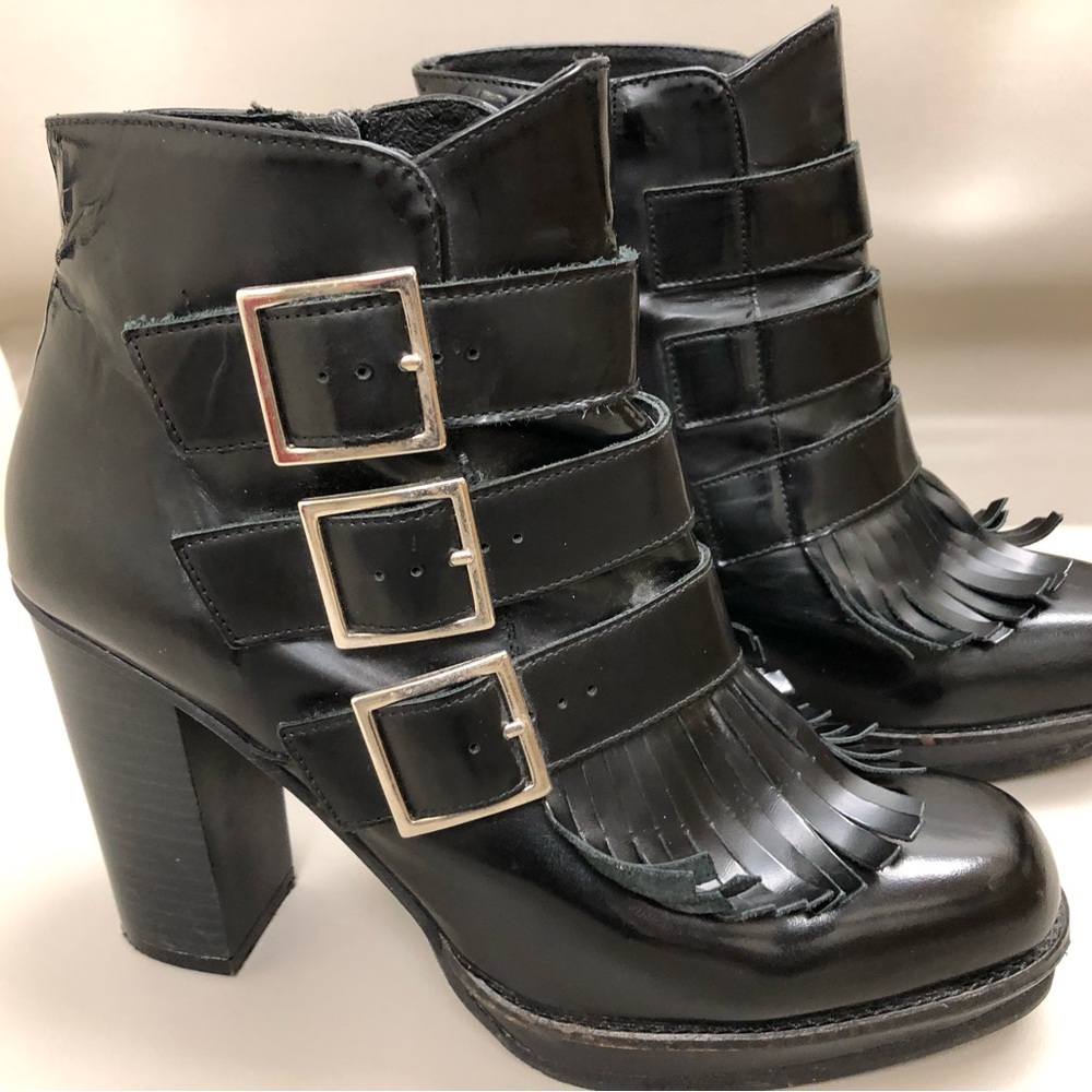 Leather Moto Fringe Buckle Y2K Black Boots Made in Spain Size 7